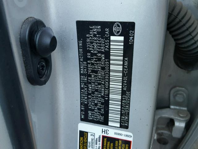 4T1BE46KX9U300091 - 2009 TOYOTA CAMRY BASE SILVER photo 10