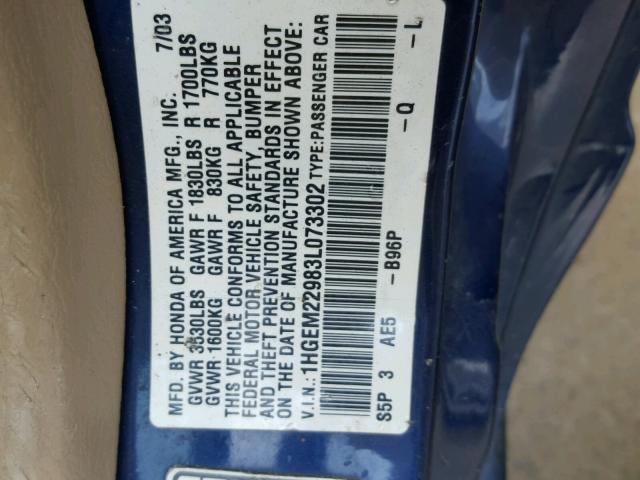 1HGEM22983L073302 - 2003 HONDA CIVIC EX ლურჯი ფოტო 10