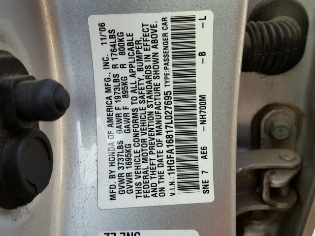 1HGFA16817L027695 - 2007 HONDA CIVIC EX 银色 照片 10