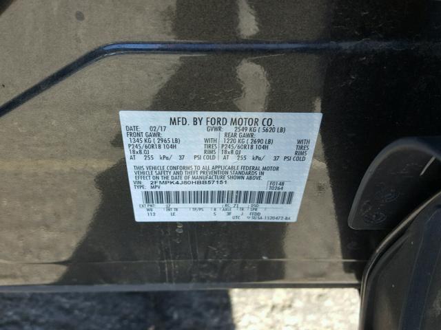 2FMPK4J80HBB57151 - 2017 FORD EDGE SEL CHARCOAL photo 10