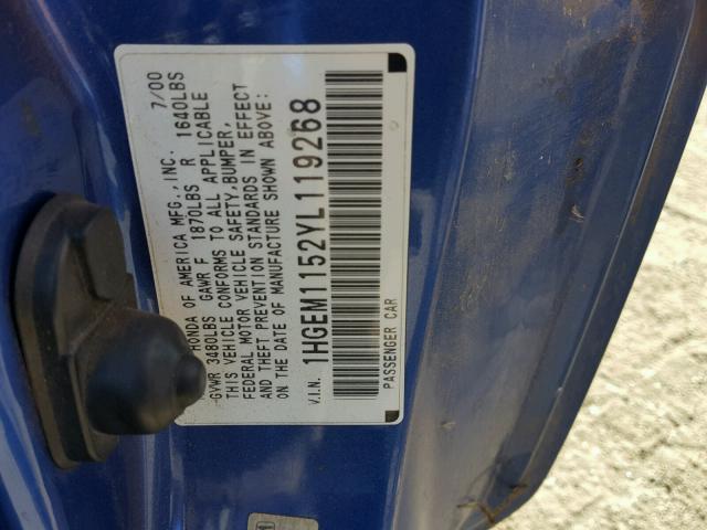 1HGEM1152YL119268 - 2000 HONDA CIVIC SI BLUE photo 10