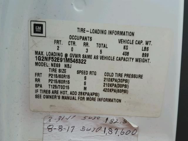 1G2NF52E91M546322 - 2001 PONTIAC GRAND AM S WHITE photo 10