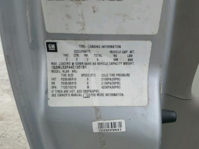 1G3NL52F44C135191 - 2004 OLDSMOBILE ALERO GL SILVER photo 10