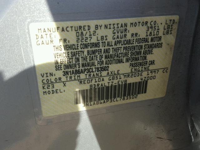 3N1AB6AP3CL783502 - 2012 NISSAN SENTRA 2.0 SILVER photo 10