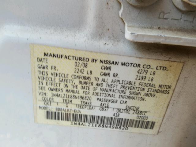 1N4AL21E88N496820 - 2008 NISSAN ALTIMA 2.5 WHITE photo 10