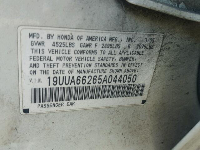 19UUA66265A044050 - 2005 ACURA TL WHITE photo 10