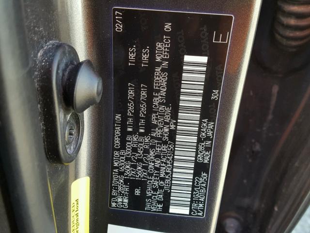 JTEBU5JR0H5431567 - 2017 TOYOTA 4RUNNER SR GRAY photo 10