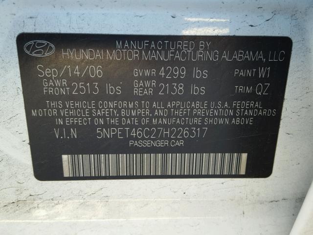 5NPET46C27H226317 - 2007 HYUNDAI SONATA GLS WHITE photo 10