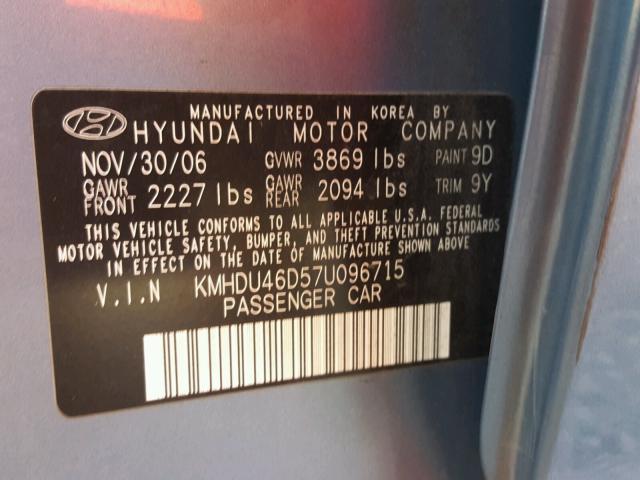 KMHDU46D57U096715 - 2007 HYUNDAI ELANTRA GL BLUE photo 10