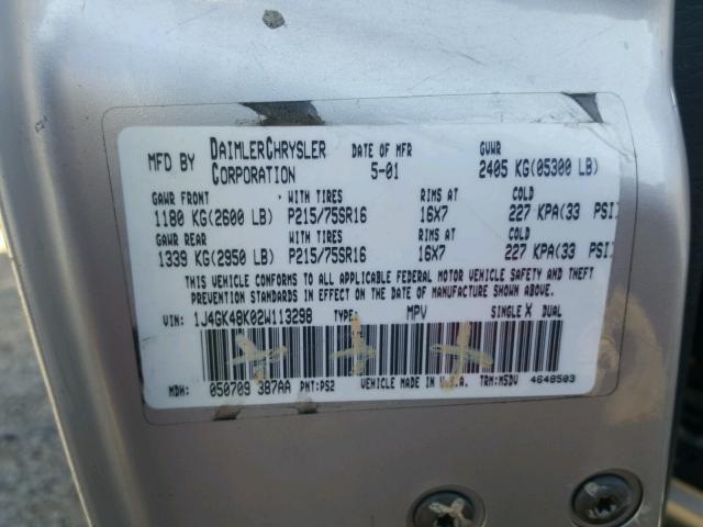 1J4GK48K02W113298 - 2002 JEEP LIBERTY SP SILVER photo 10