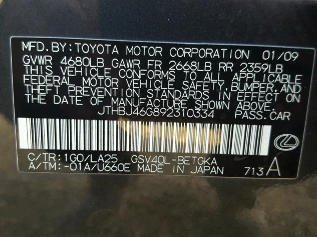 JTHBJ46G892310334 - 2009 LEXUS ES 350 CHARCOAL photo 10