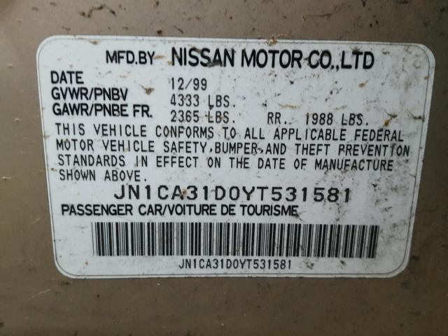 JN1CA31D0YT531581 - 2000 NISSAN MAXIMA GLE GOLD photo 10