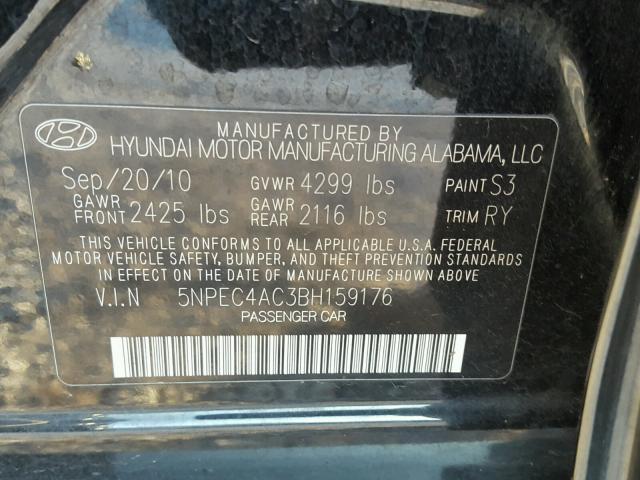 5NPEC4AC3BH159176 - 2011 HYUNDAI SONATA SE BLACK photo 10