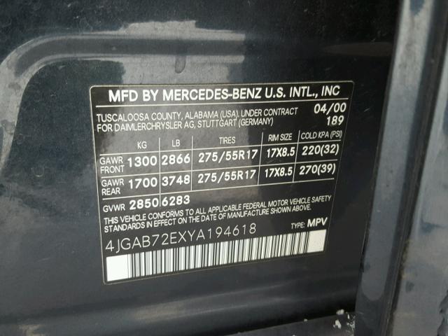 4JGAB72EXYA194618 - 2000 MERCEDES-BENZ ML 430 蓝色 照片 10