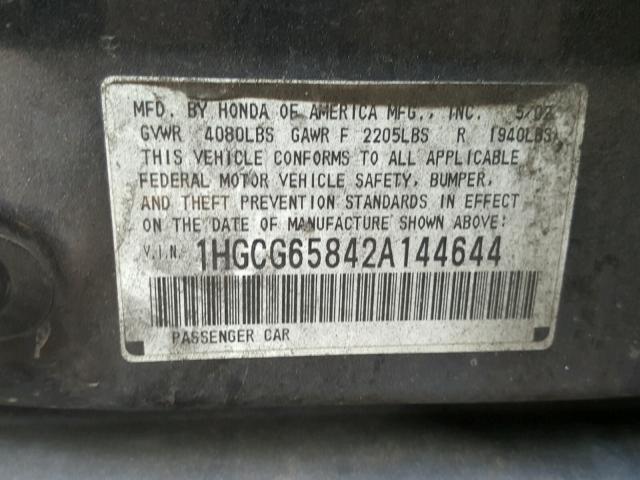 1HGCG65842A144644 - 2002 HONDA ACCORD EX BLACK photo 10