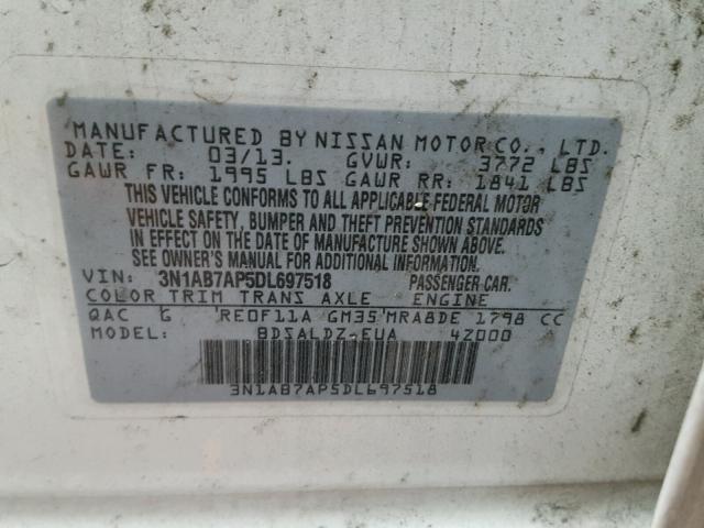 3N1AB7AP5DL697518 - 2013 NISSAN SENTRA S WHITE photo 10