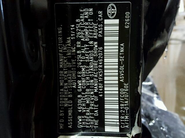 4T4BF1FK5FR462076 - 2015 TOYOTA CAMRY LE 黑色 照片 10