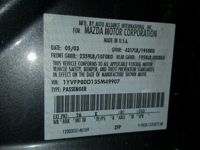 1YVFP80D135M49907 - 2003 MAZDA 6 S CHARCOAL photo 10