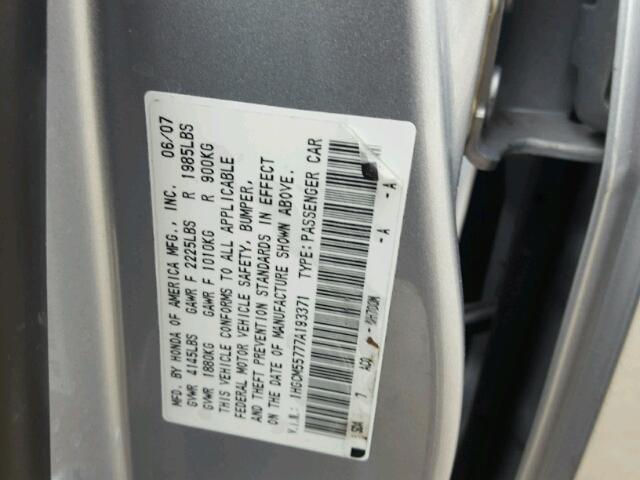 1HGCM55777A193371 - 2007 HONDA ACCORD EX SILVER photo 10