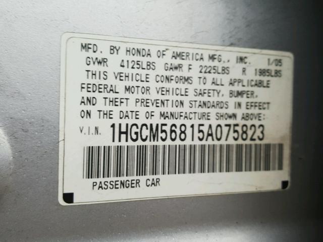 1HGCM56815A075823 - 2005 HONDA ACCORD EX SILVER photo 10