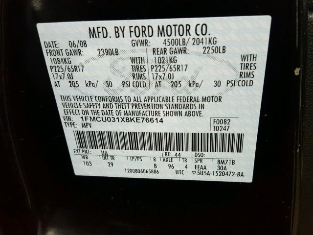 1FMCU031X8KE76614 - 2008 FORD ESCAPE XLT BLACK photo 10