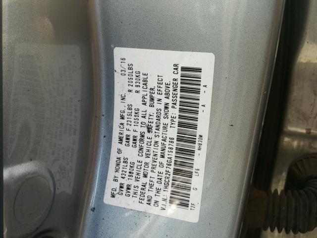 1HGCR2F76GA158786 - 2016 HONDA ACCORD EX SILVER photo 10