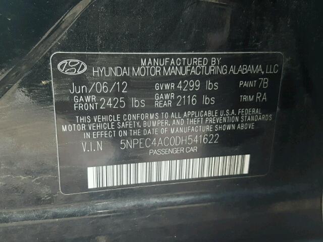 5NPEC4AC0DH541622 - 2013 HYUNDAI SONATA SE BLACK photo 10