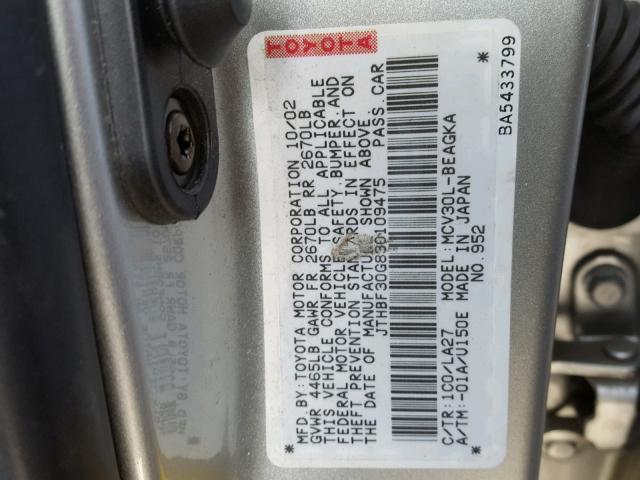 JTHBF30G830109475 - 2003 LEXUS ES 300 SILVER photo 10