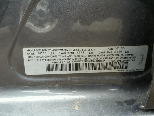 3VWPF71K56M640259 - 2006 VOLKSWAGEN JETTA VALU GRAY photo 10