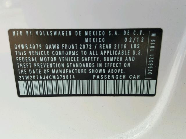 3VW2K7AJ4CM379814 - 2012 VOLKSWAGEN JETTA BASE WHITE photo 10