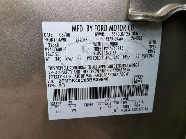 2FMDK48C88BB39946 - 2008 FORD EDGE SEL SILVER photo 10