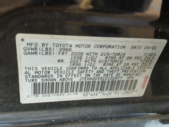 JTEHH20V910102977 - 2001 TOYOTA RAV4 BLACK photo 10