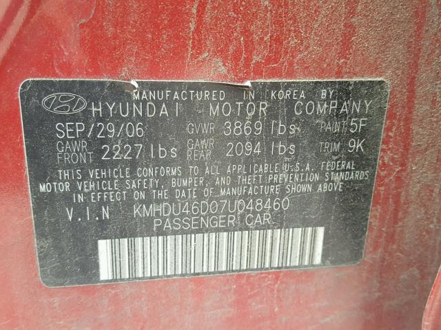 KMHDU46D07U048460 - 2007 HYUNDAI ELANTRA GL RED photo 10