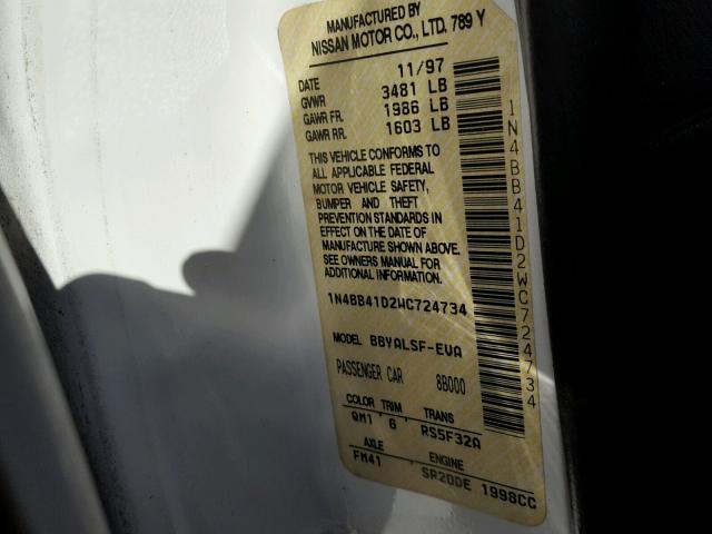 1N4BB41D2WC724734 - 1998 NISSAN SENTRA SE WHITE photo 10