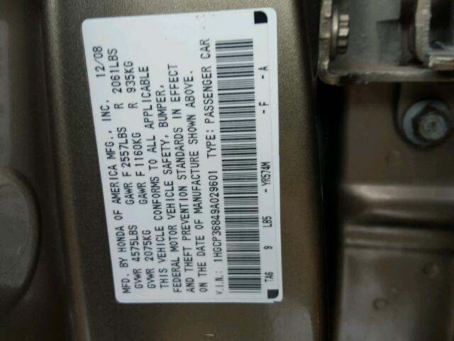 1HGCP36849A029601 - 2009 HONDA ACCORD EXL GOLD photo 10