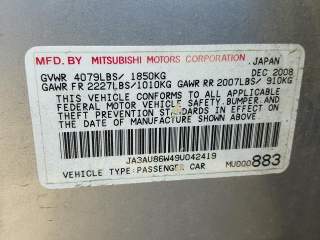 JA3AU86W49U042419 - 2009 MITSUBISHI LANCER GTS SILVER photo 10