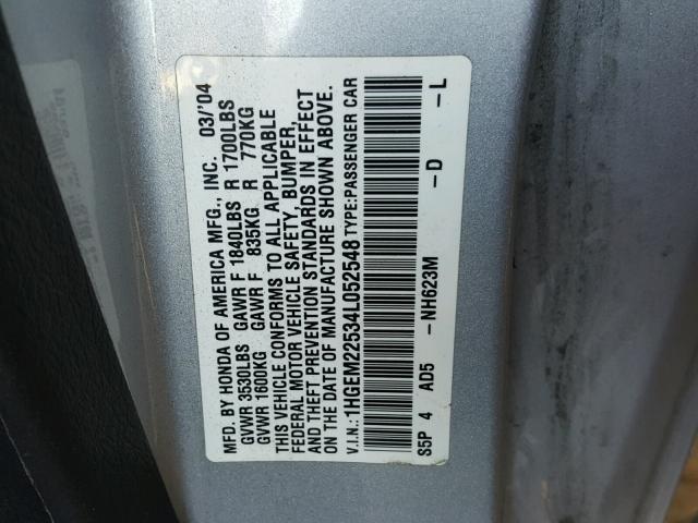 1HGEM22534L052548 - 2004 HONDA CIVIC LX SILVER photo 10