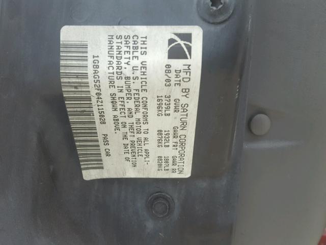 1G8AG52F04Z115028 - 2004 SATURN ION LEVEL 勃艮第红 照片 10
