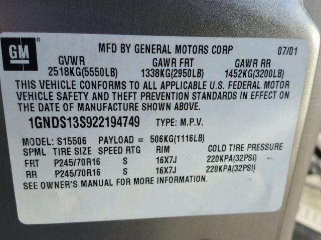 1GNDS13S922194749 - 2002 CHEVROLET TRAILBLAZE GRAY photo 10