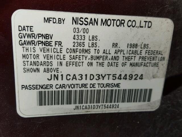 JN1CA31D3YT544924 - 2000 NISSAN MAXIMA GLE BURGUNDY photo 10