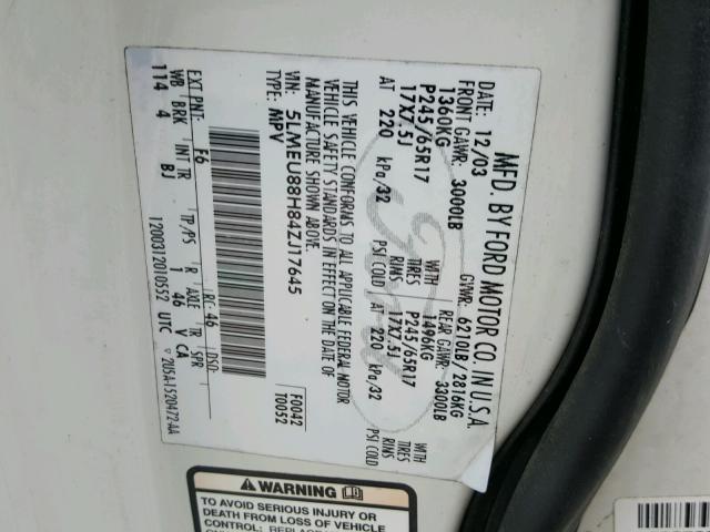 5LMEU88H84ZJ17645 - 2004 LINCOLN AVIATOR 白色 照片 10