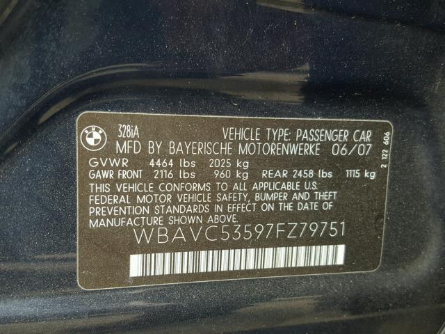 WBAVC53597FZ79751 - 2007 BMW 328 I SULE BLUE photo 10