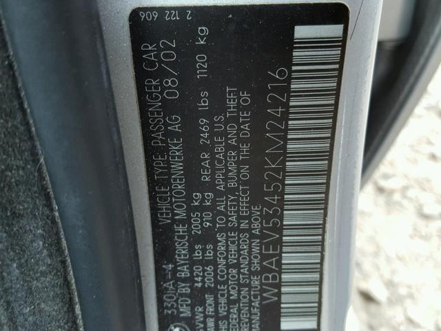 WBAEV53452KM24216 - 2002 BMW 330 I SILVER photo 10