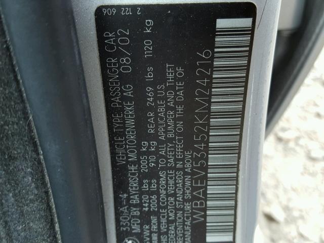 WBAEV53452KM24216 - 2002 BMW 330 I SILVER photo 10