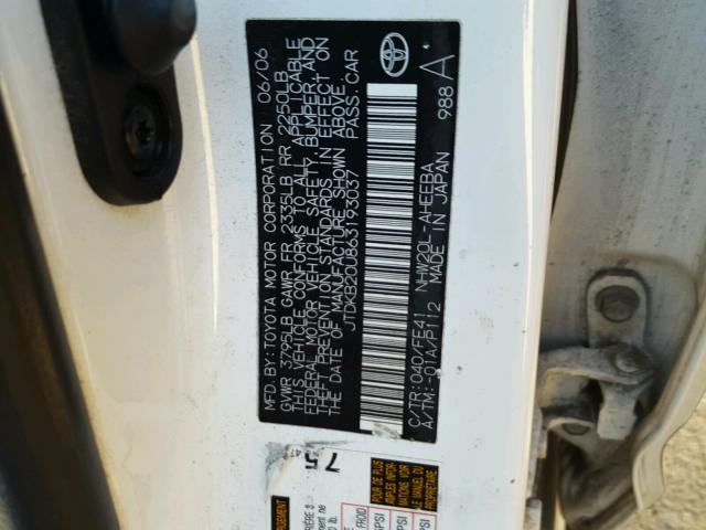 JTDKB20U863193037 - 2006 TOYOTA PRIUS WHITE photo 10