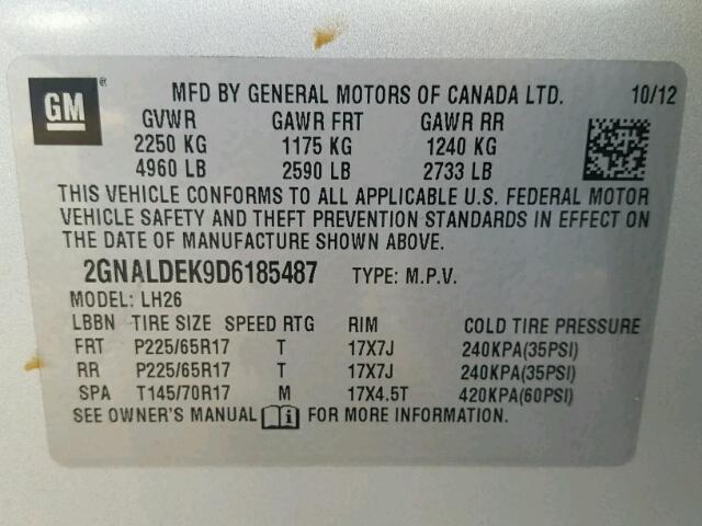 2GNALDEK9D6185487 - 2013 CHEVROLET EQUINOX LT SILVER photo 10