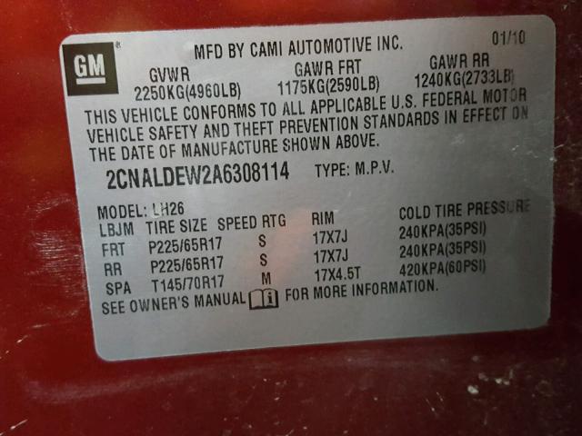 2CNALDEW2A6308114 - 2010 CHEVROLET EQUINOX LT RED photo 10