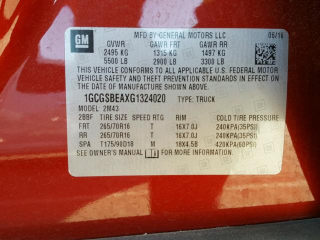 1GCGSBEAXG1324020 - 2016 CHEVROLET COLORADO RED photo 10