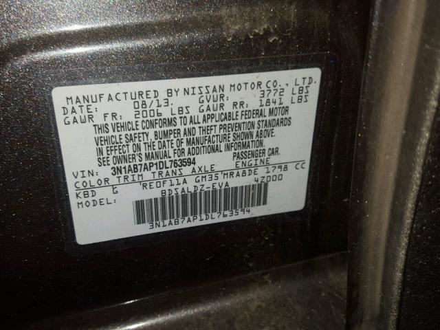 3N1AB7AP1DL763594 - 2013 NISSAN SENTRA S GRAY photo 10