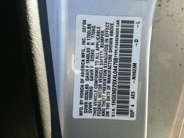 1HGEM229X4L044708 - 2004 HONDA CIVIC EX 银色 照片 10